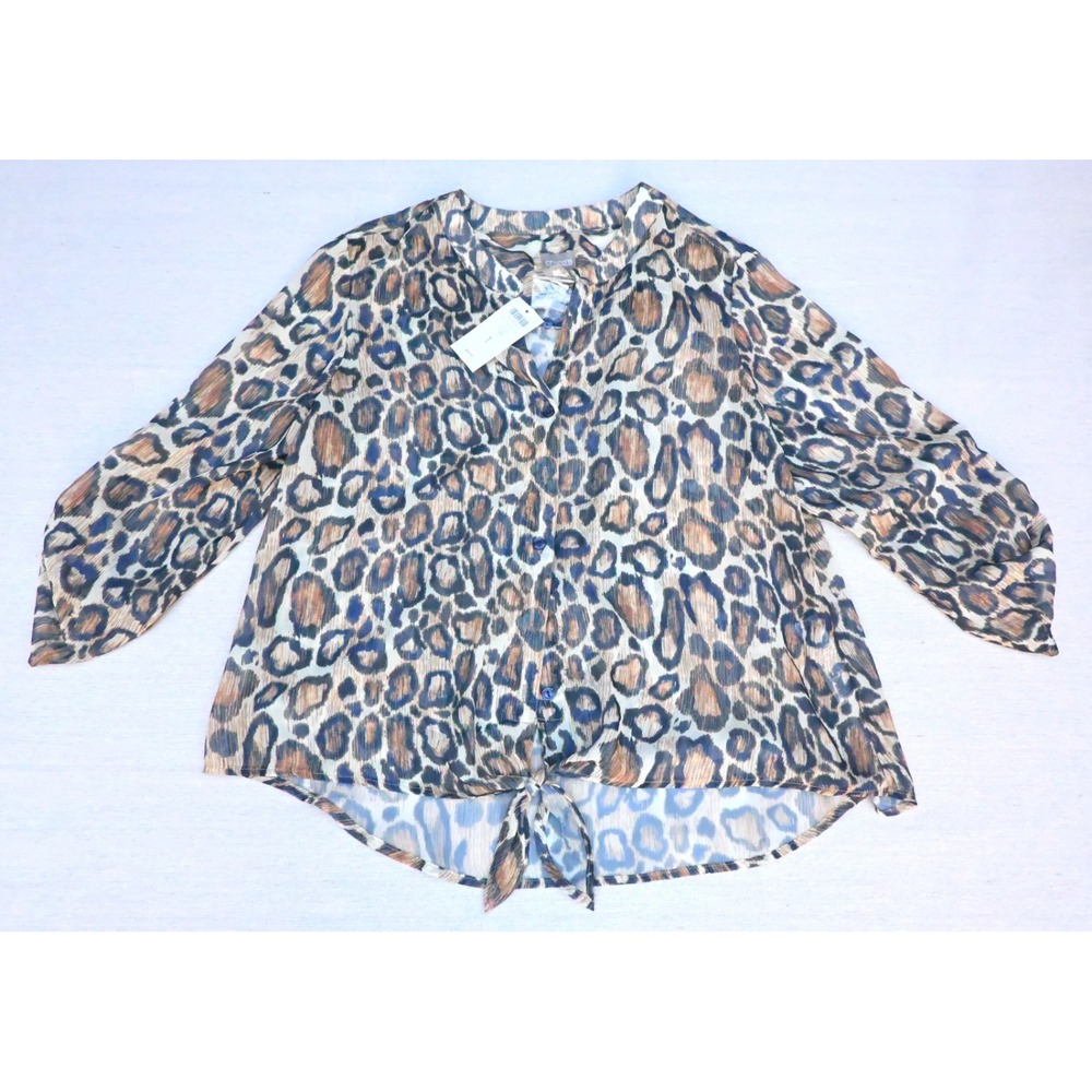 Chicos Womens 1/ M Leopard Print Crinkle Chiffon Blouse Sheer Button Up Tie NWT